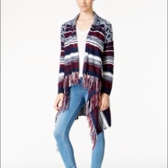 Navy and Burgundy Boho Fringe Sweater - Picture 5 of 5